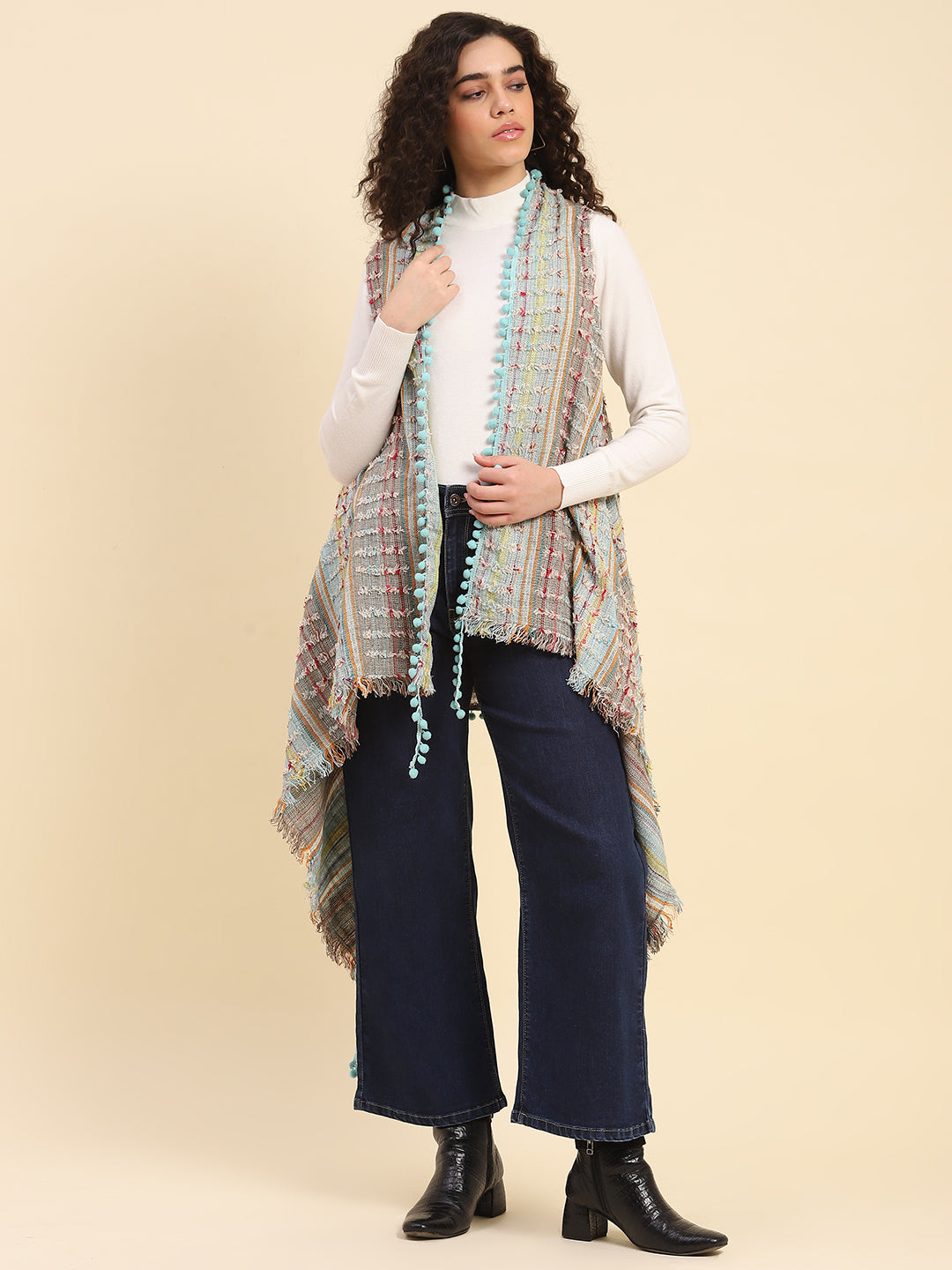 Aqua Pom Pom Fringe Cape