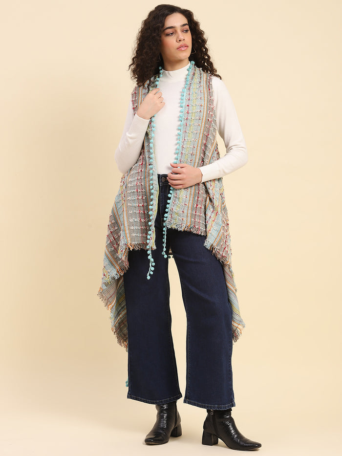 Aqua Pom Pom Fringe Cape