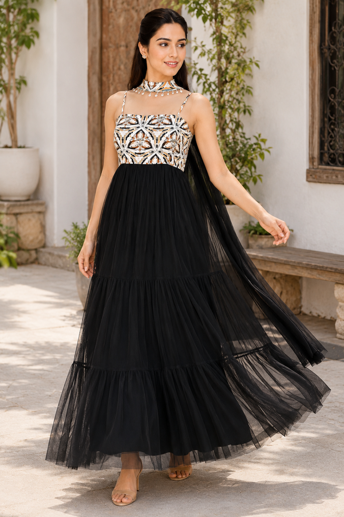 Noir Abstract Tiered Maxi Dress