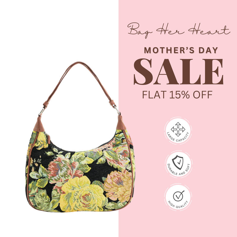 Floral Tapestry Shoulder Bag - Black