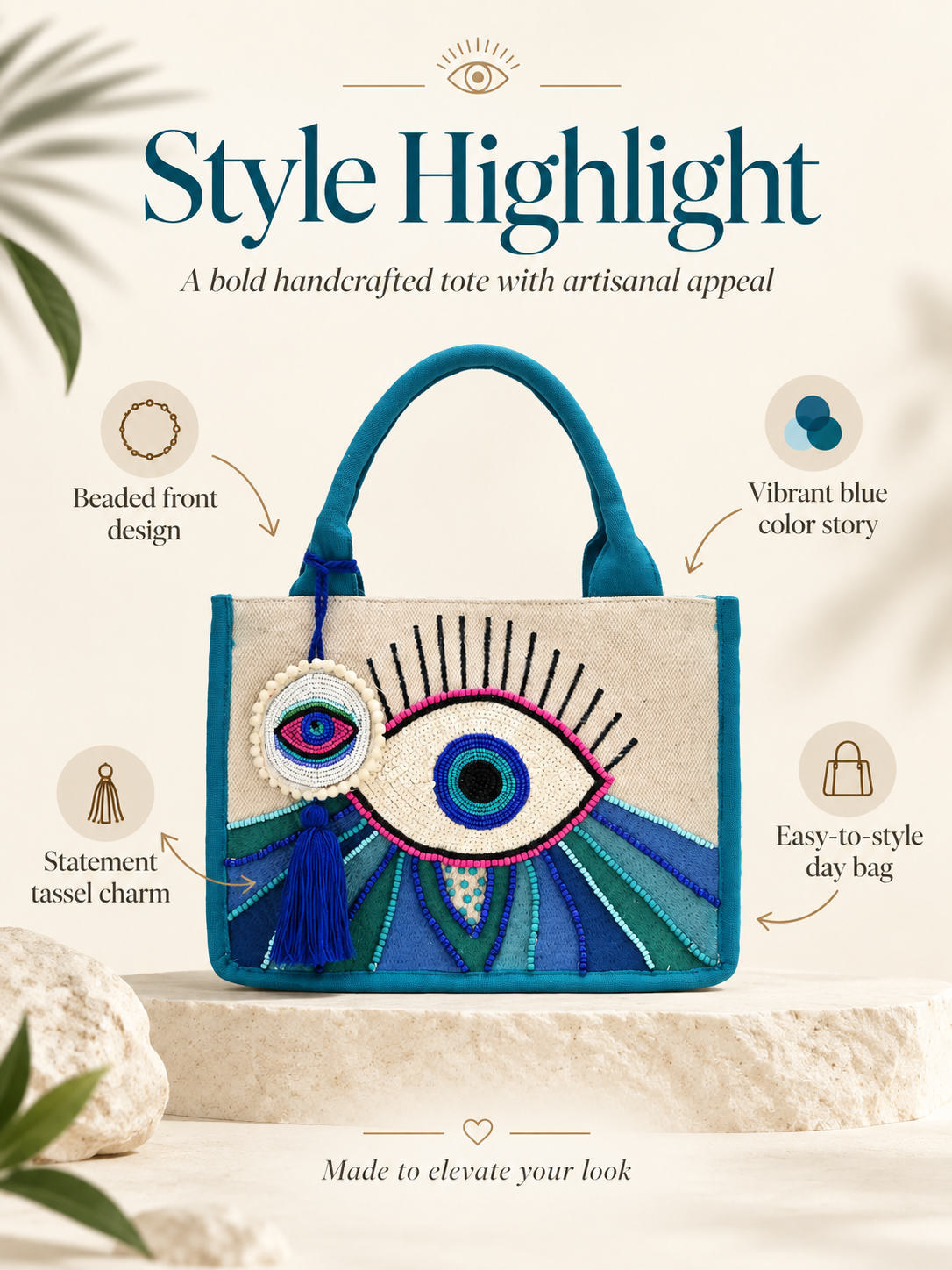 Ocean Eye Beaded Canvas Tote Bag