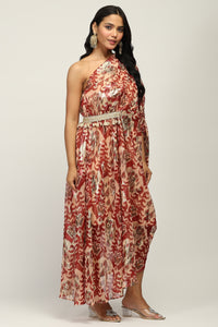 Burgundy Foil Print One Shoulder Indo western Dress