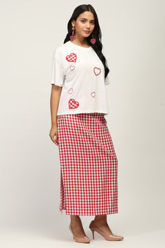 Women Heart Patch White T-Shirt & Red Checked Cotton Skirt Set
