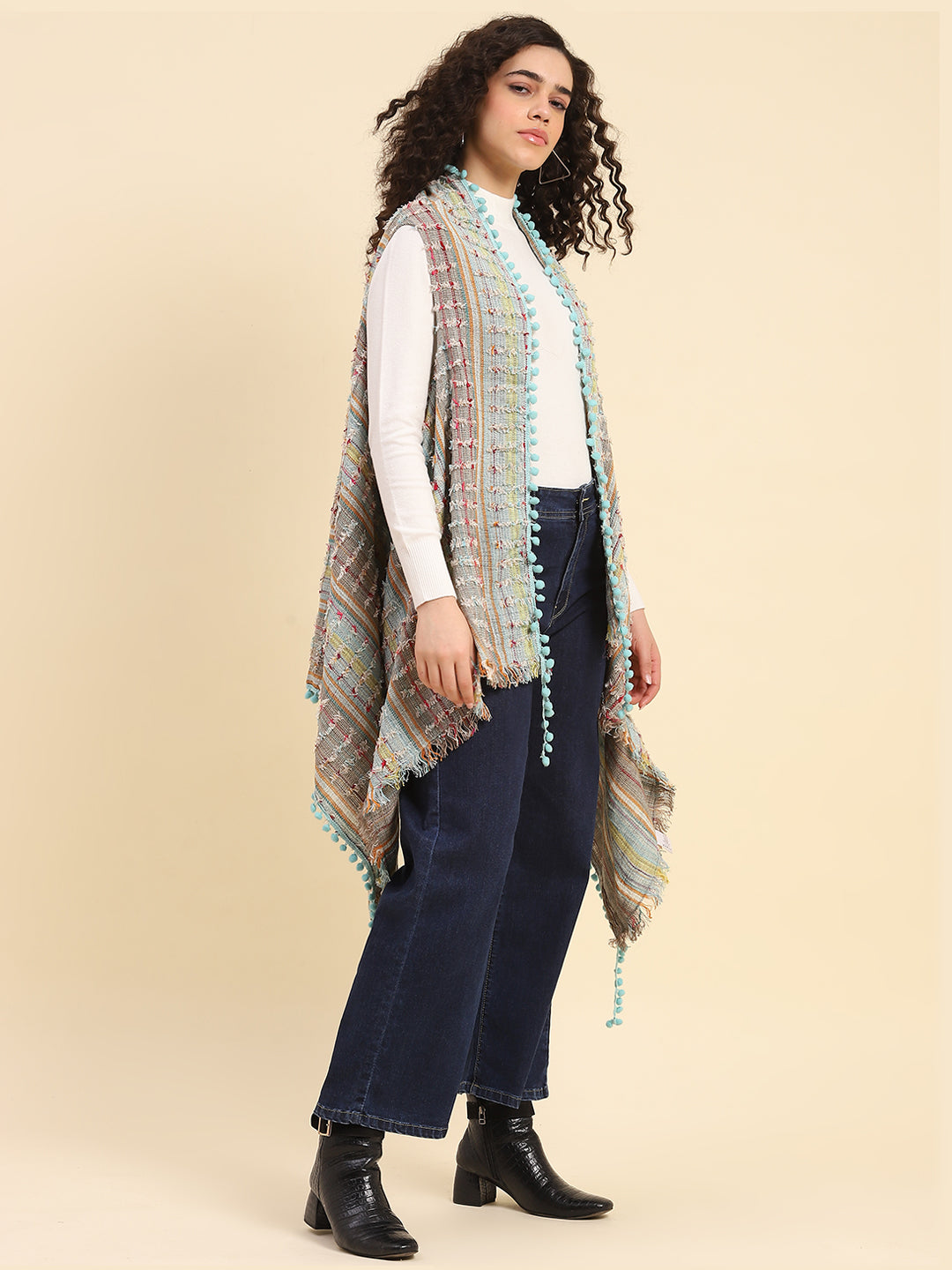 Aqua Pom Pom Fringe Cape
