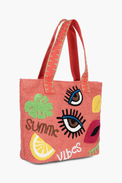 Natural jute embroidered tote bag for women with pink tropical embroidery