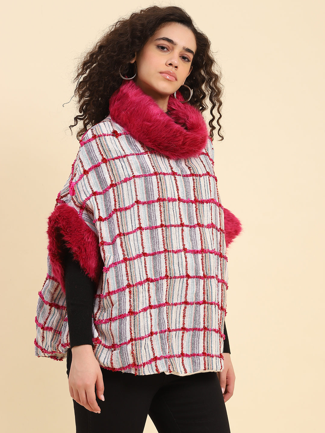 Pristine Checks Faux Fur Cape