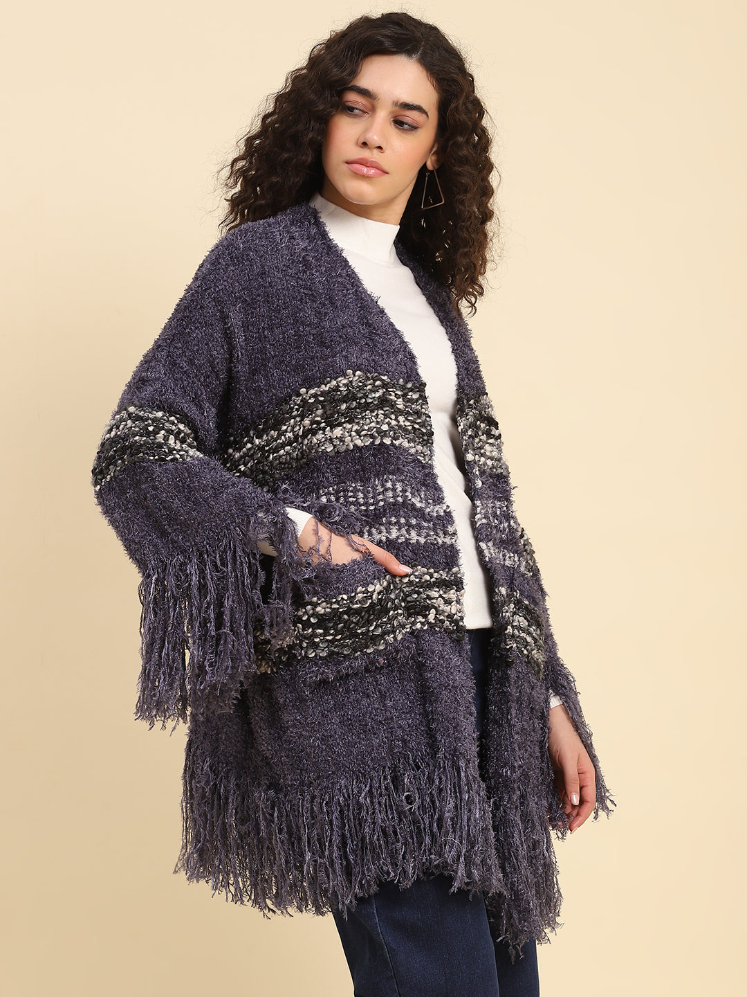 Midnight Blue Fringed Winter Shrug