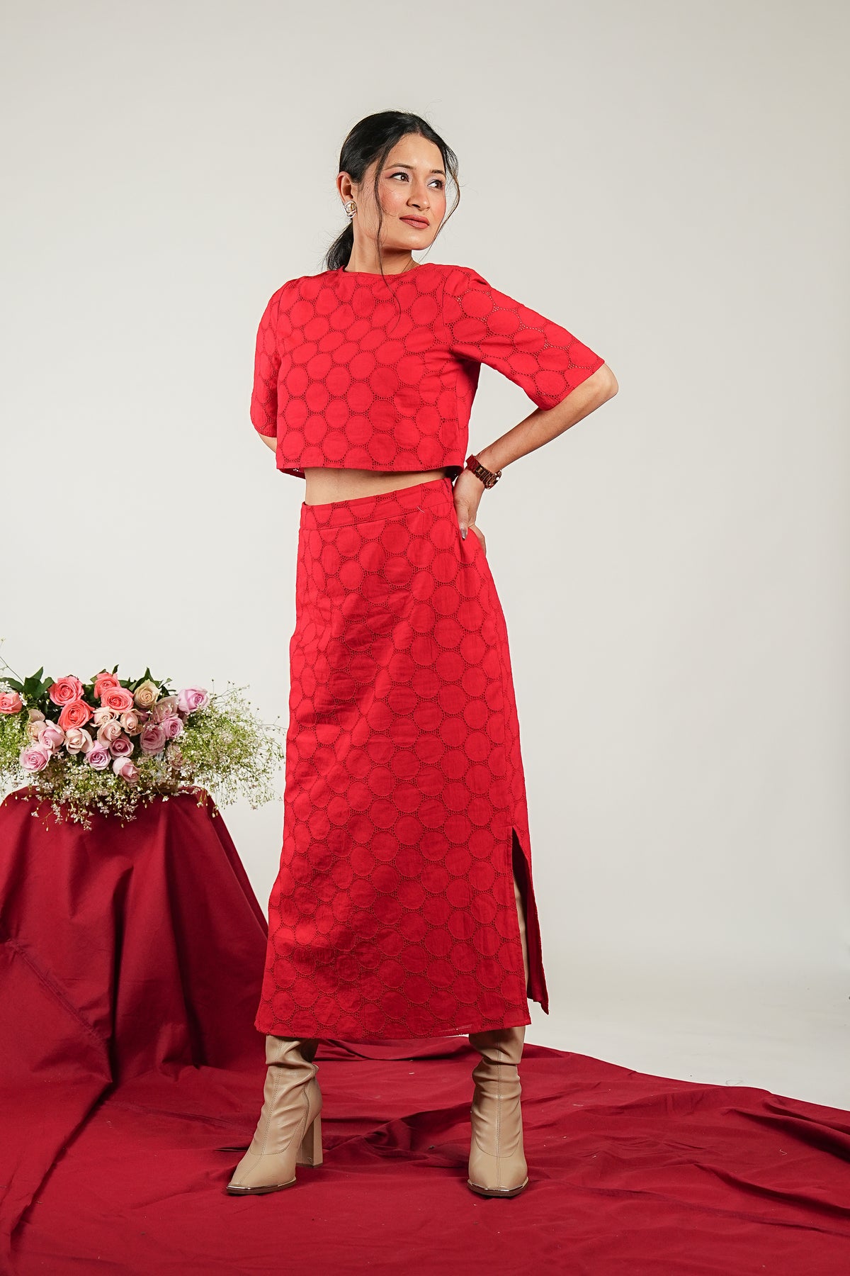 Women's Solid Red Co-ord Set