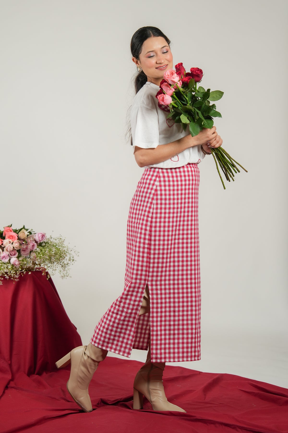 Women Heart Patch White T-Shirt & Red Checked Cotton Skirt Set