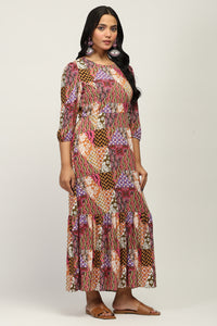 The Mosaic Muse Women's Multicolor Printed Viscose Lurex Dobby Fit & Flare Dress