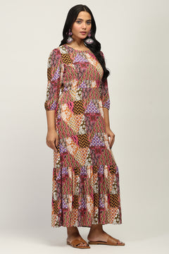 The Mosaic Muse Women's Multicolor Printed Viscose Lurex Dobby Fit & Flare Dress