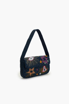Cosmic Charm beaded shoulder bag in denim blue By Boho Girl