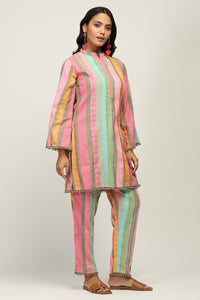Women's 100% Pure Cotton Yarn Dyed Multi-Color Striped Co-Ord Set