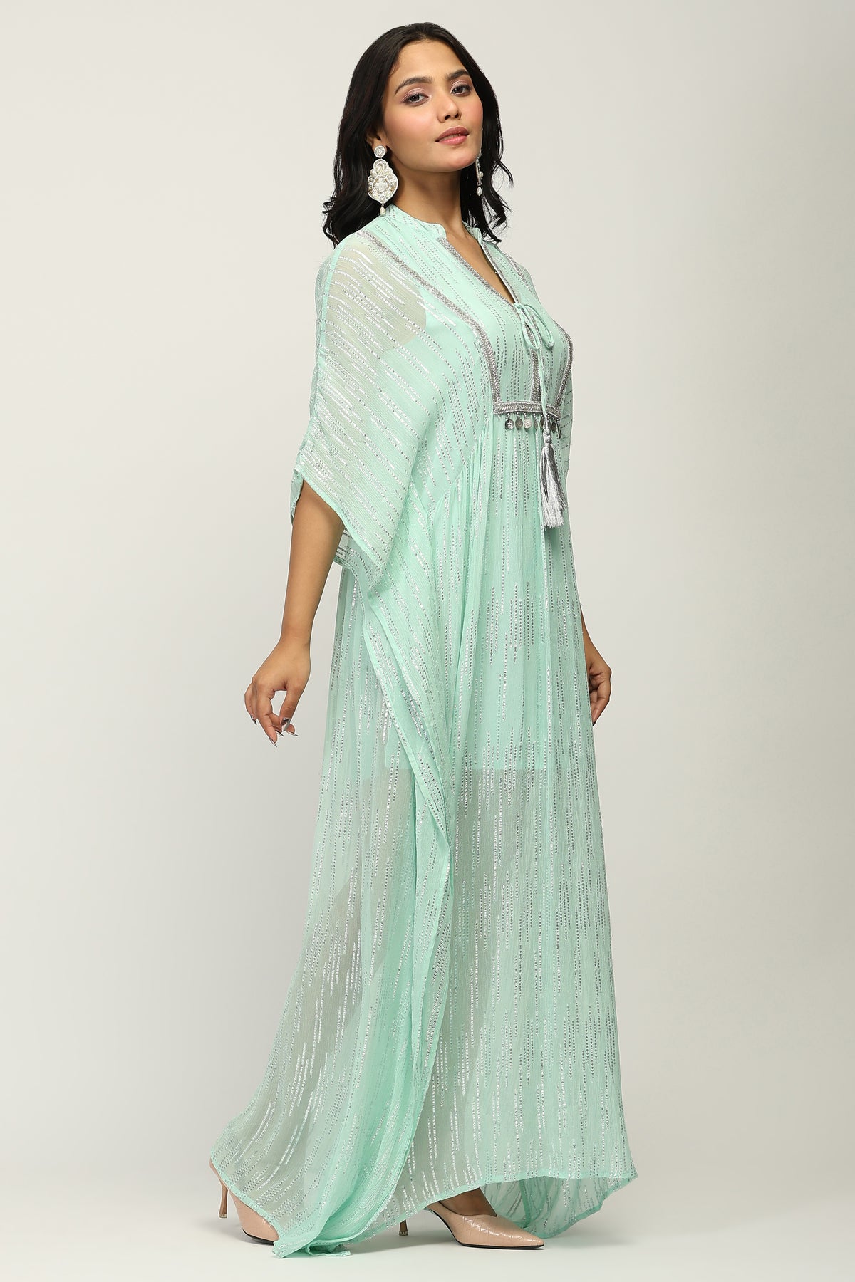 The Mint Shimmer - Women's Mint Green Embellished Lurex Kaftan Maxi Dress