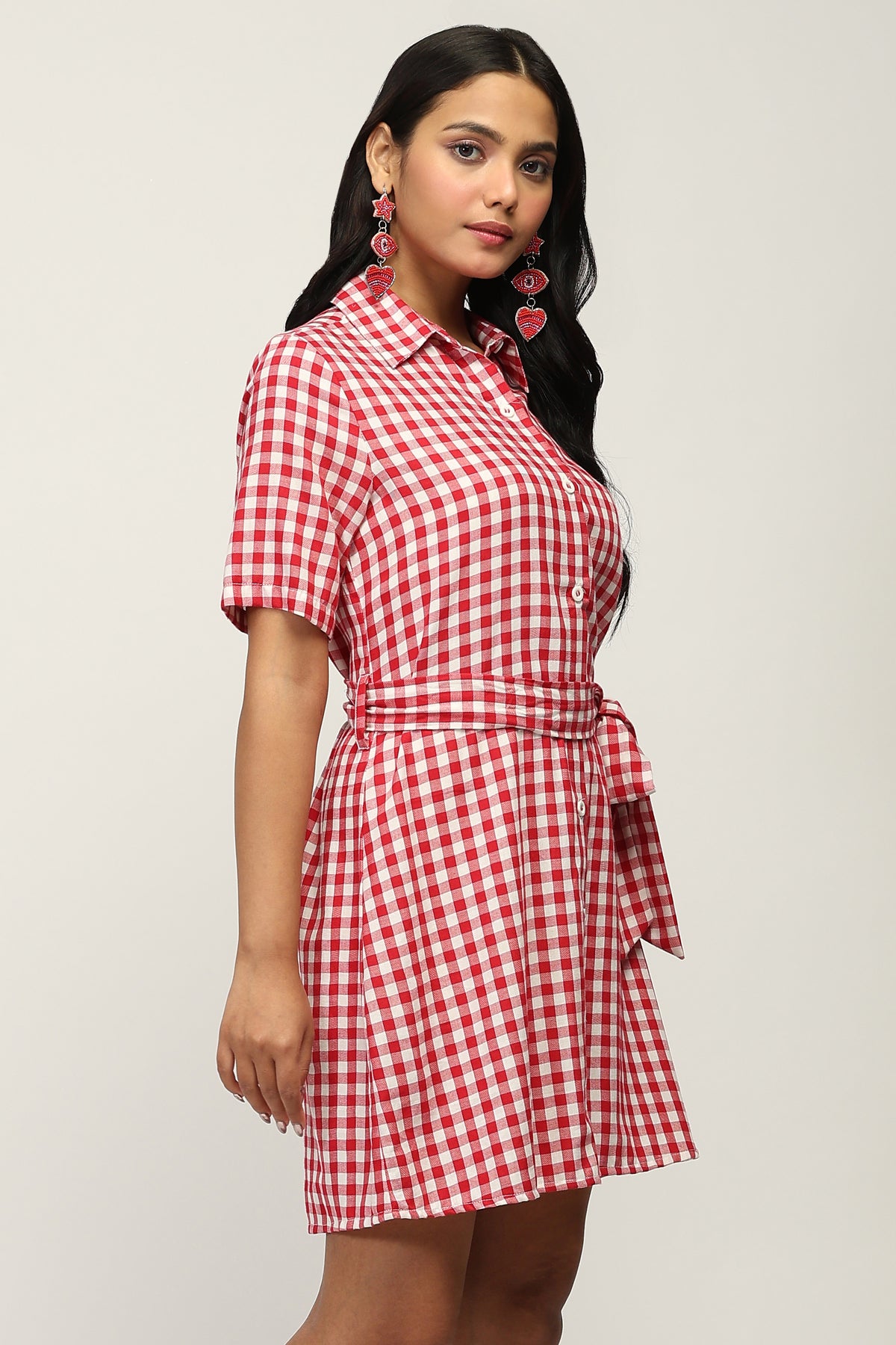Women Red Checked Shirt Dress