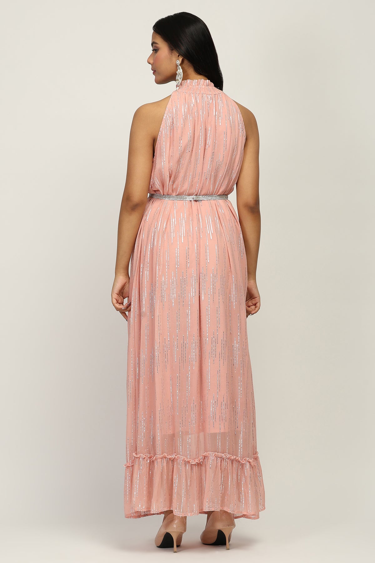 The Sunset Glow - Women's Flowy Soft Peach Halter Neck Evening Dress