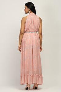 The Sunset Glow - Women's Flowy Soft Peach Halter Neck Evening Dress