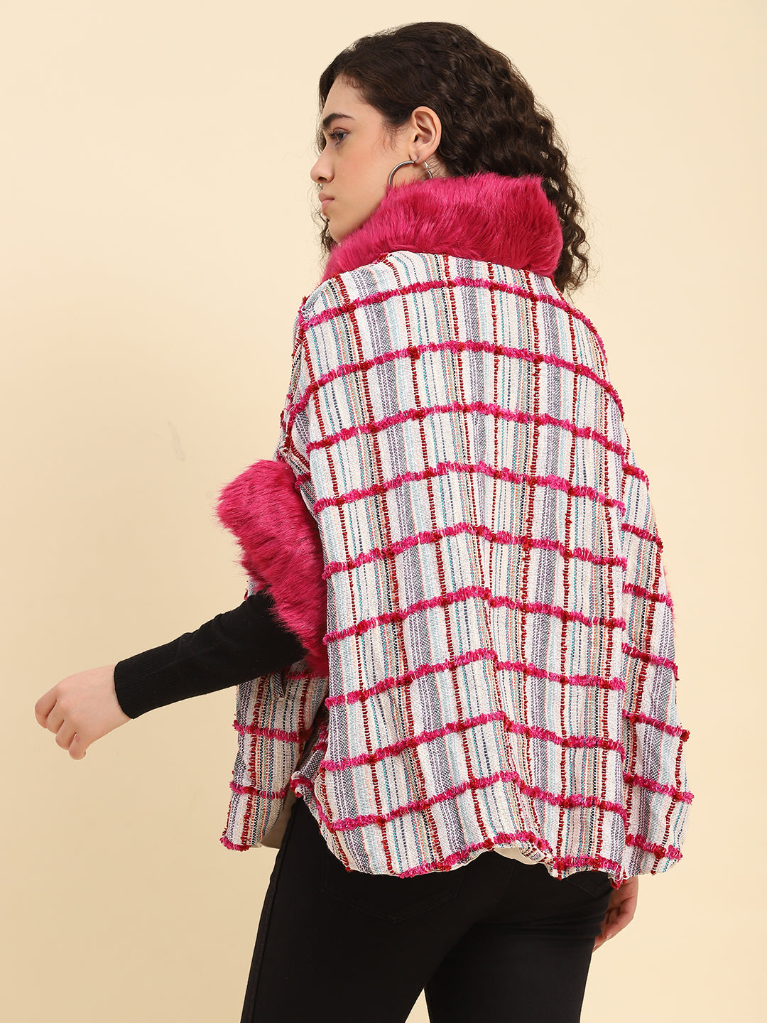 Pristine Checks Faux Fur Cape