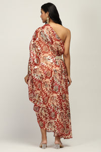 Burgundy Foil Print One Shoulder Indo western Dress