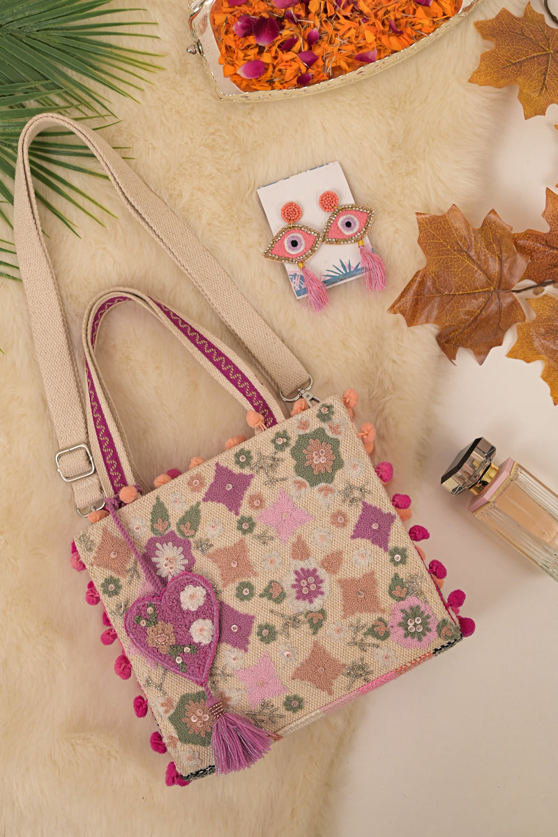 Whimsical Beige Mini Tote + Earrings Combo