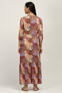 The Mosaic Muse Women's Multicolor Printed Viscose Lurex Dobby Fit & Flare Dress