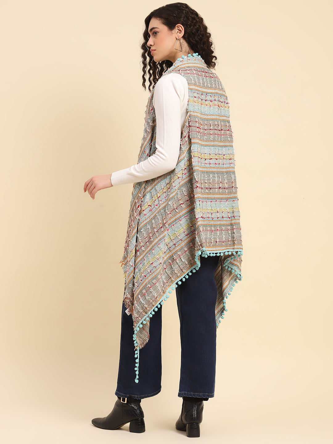 Aqua Pom Pom Fringe Cape