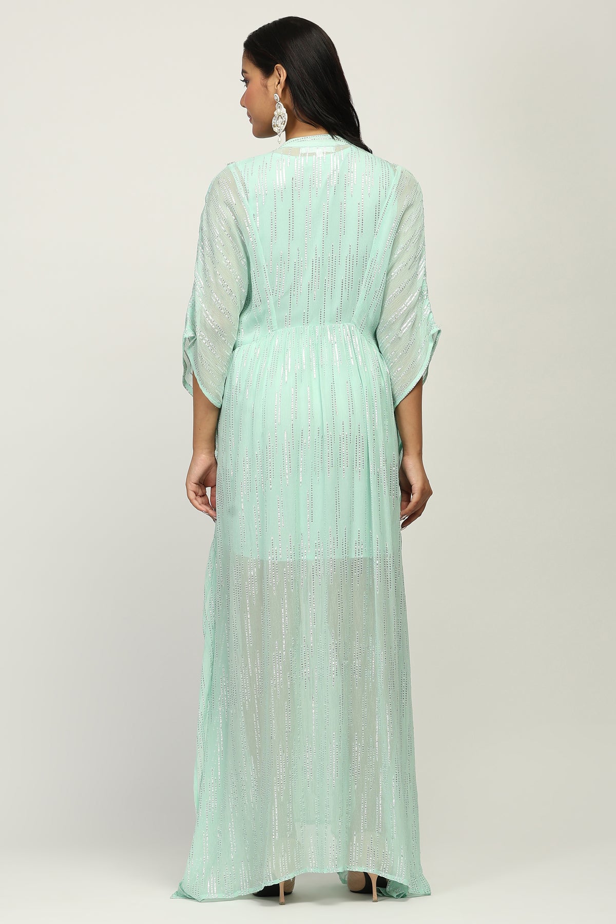The Mint Shimmer - Women's Mint Green Embellished Lurex Kaftan Maxi Dress