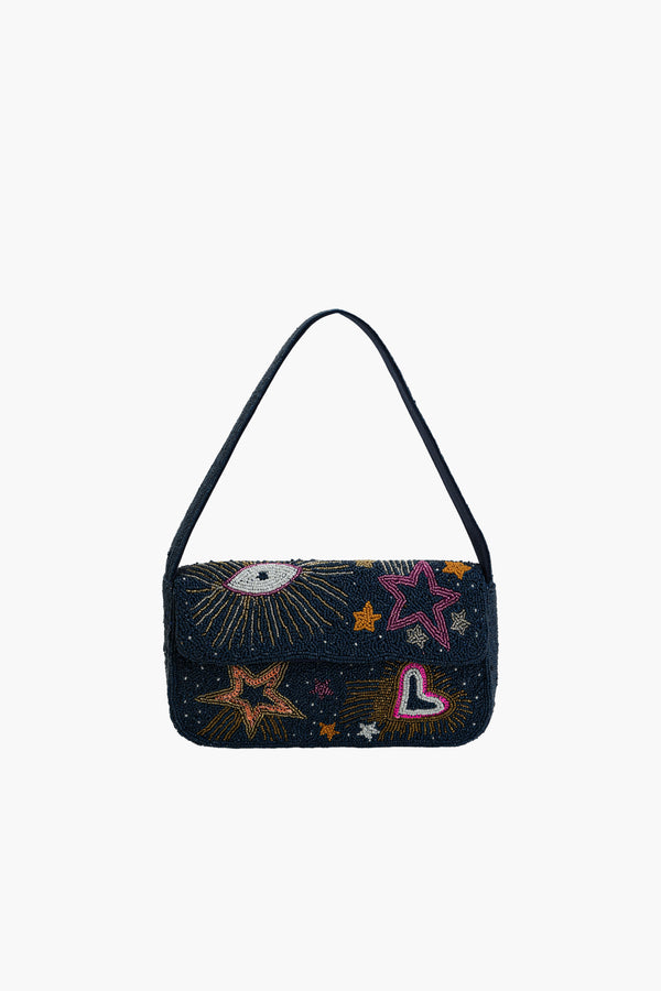 Cosmic Charm beaded shoulder bag in denim blue By Boho Girl