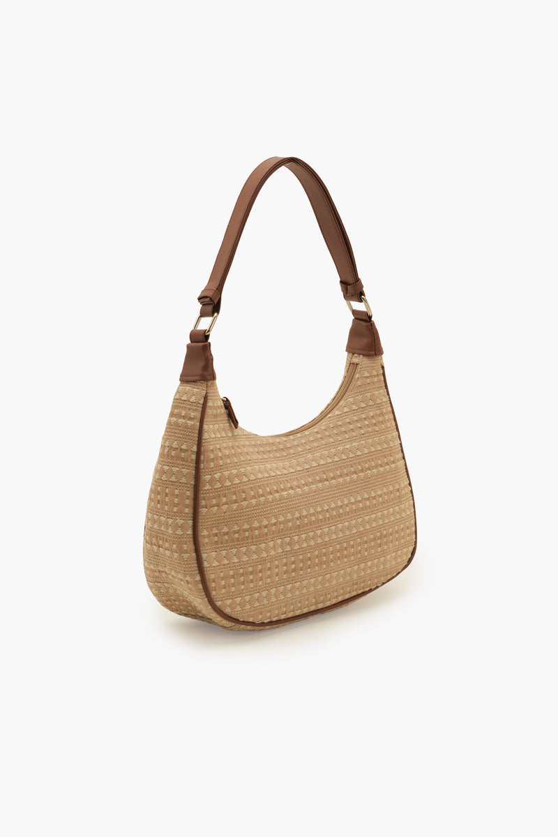 Beige Woven Half Moon Shoulder Bag