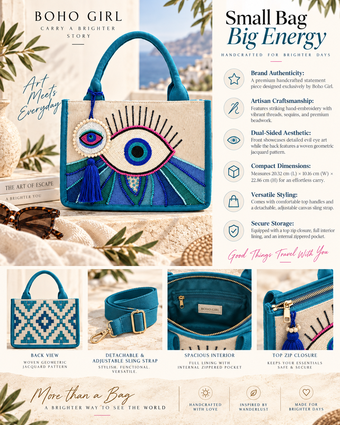 Ocean Eye Beaded Canvas Tote Bag