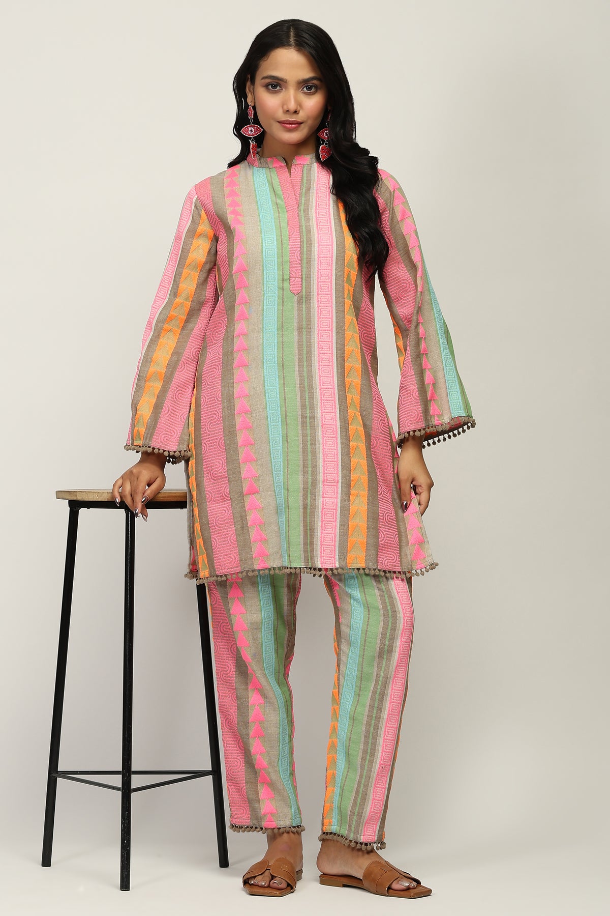 Women's 100% Pure Cotton Yarn Dyed Multi-Color Striped Co-Ord Set