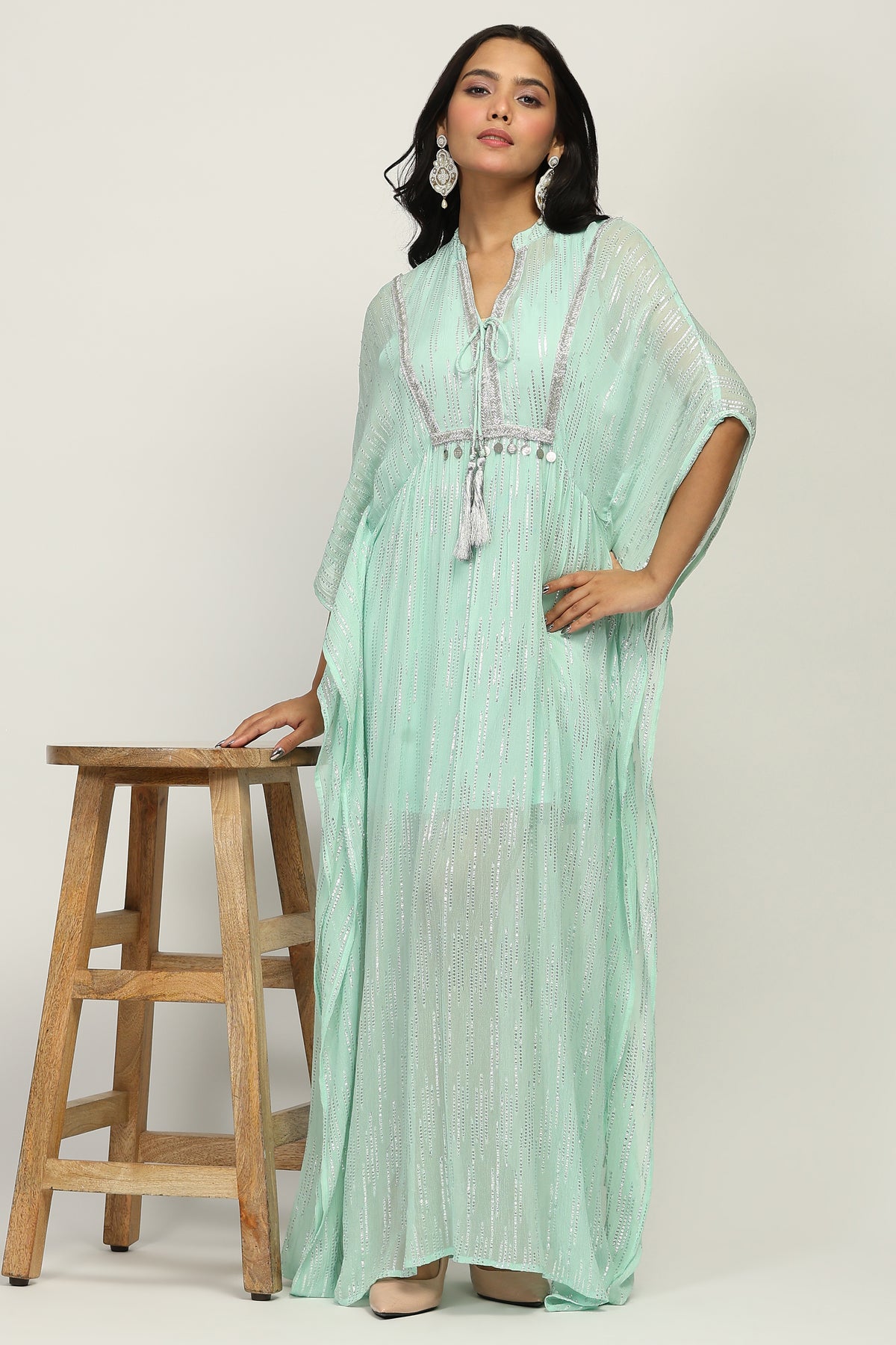 The Mint Shimmer - Women's Mint Green Embellished Lurex Kaftan Maxi Dress