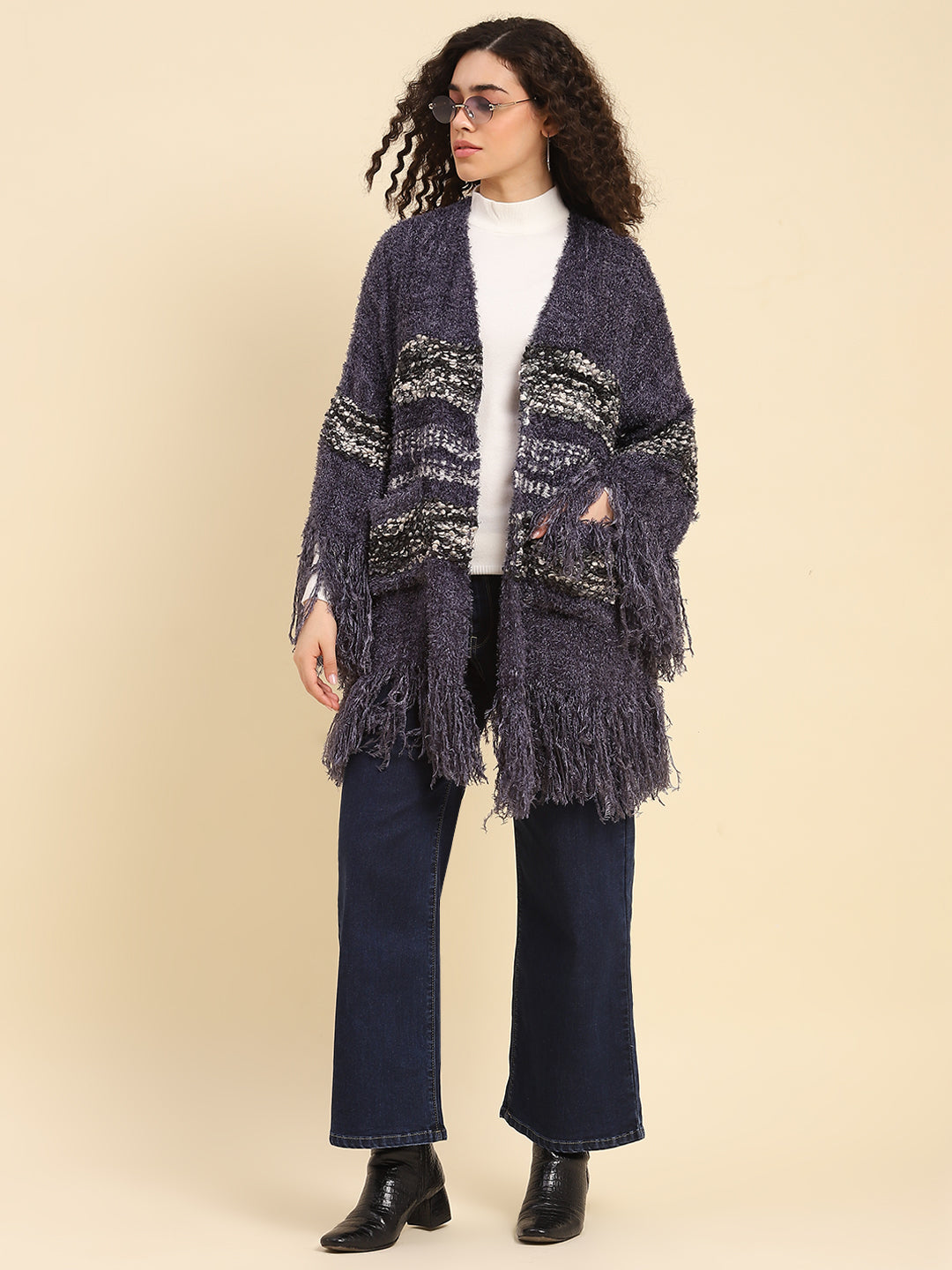 Midnight Blue Fringed Winter Shrug