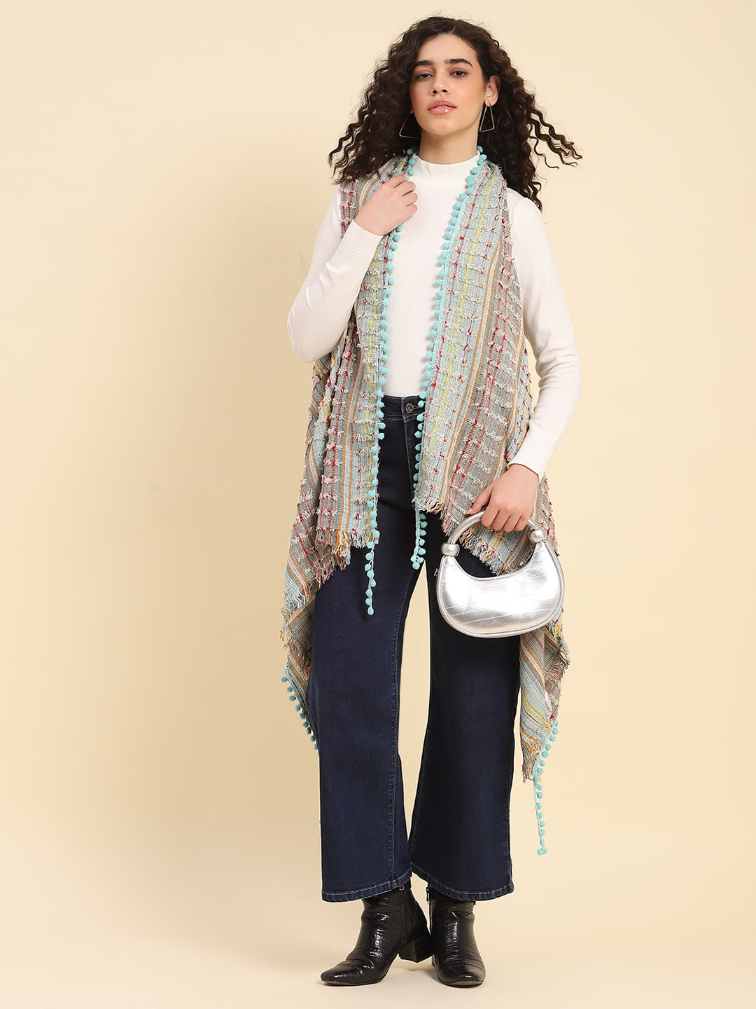 Aqua Pom Pom Fringe Cape