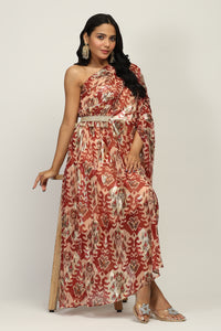 Burgundy Foil Print One Shoulder Indo western Dress