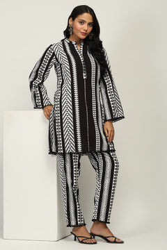 Indo-Western 100% Pure Cotton Yarn Dyed Geometric Stripe Co-Ord Set