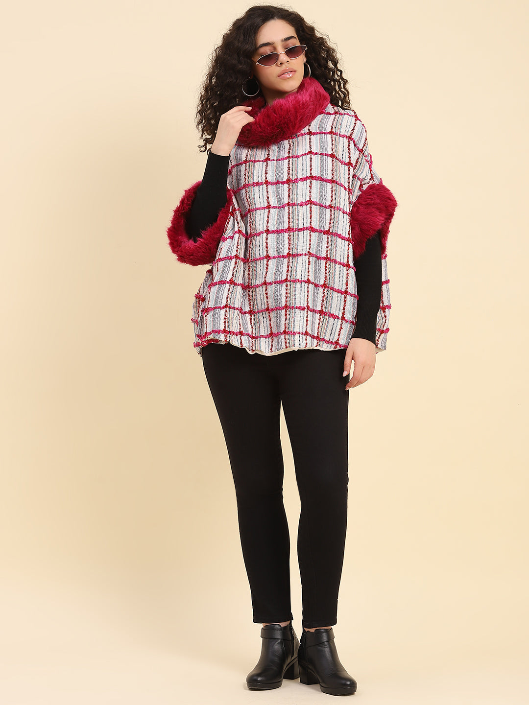 Pristine Checks Faux Fur Cape