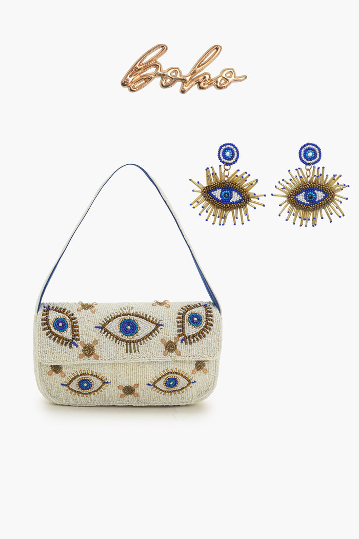 Boho Girl Mystic Eye Fully Beaded Shoulder Bag with Earrings