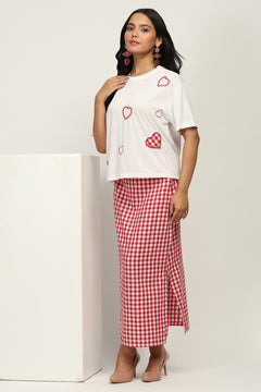 Women Heart Patch White T-Shirt & Red Checked Cotton Skirt Set