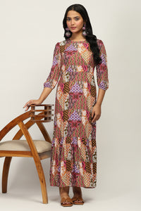 The Mosaic Muse Women's Multicolor Printed Viscose Lurex Dobby Fit & Flare Dress