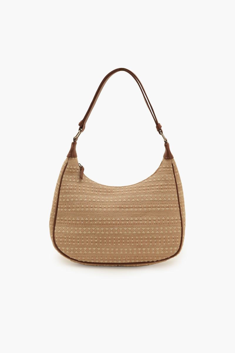 Beige Woven Half Moon Shoulder Bag