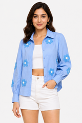 Sky Blue Floral Embroidered Shirt