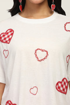 Women Heart Patch White T-Shirt & Red Checked Cotton Skirt Set