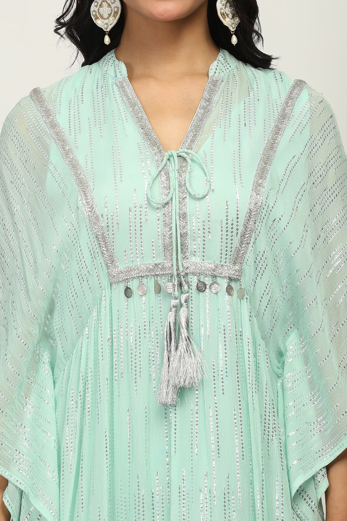 The Mint Shimmer - Women's Mint Green Embellished Lurex Kaftan Maxi Dress