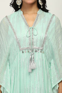 The Mint Shimmer - Women's Mint Green Embellished Lurex Kaftan Maxi Dress