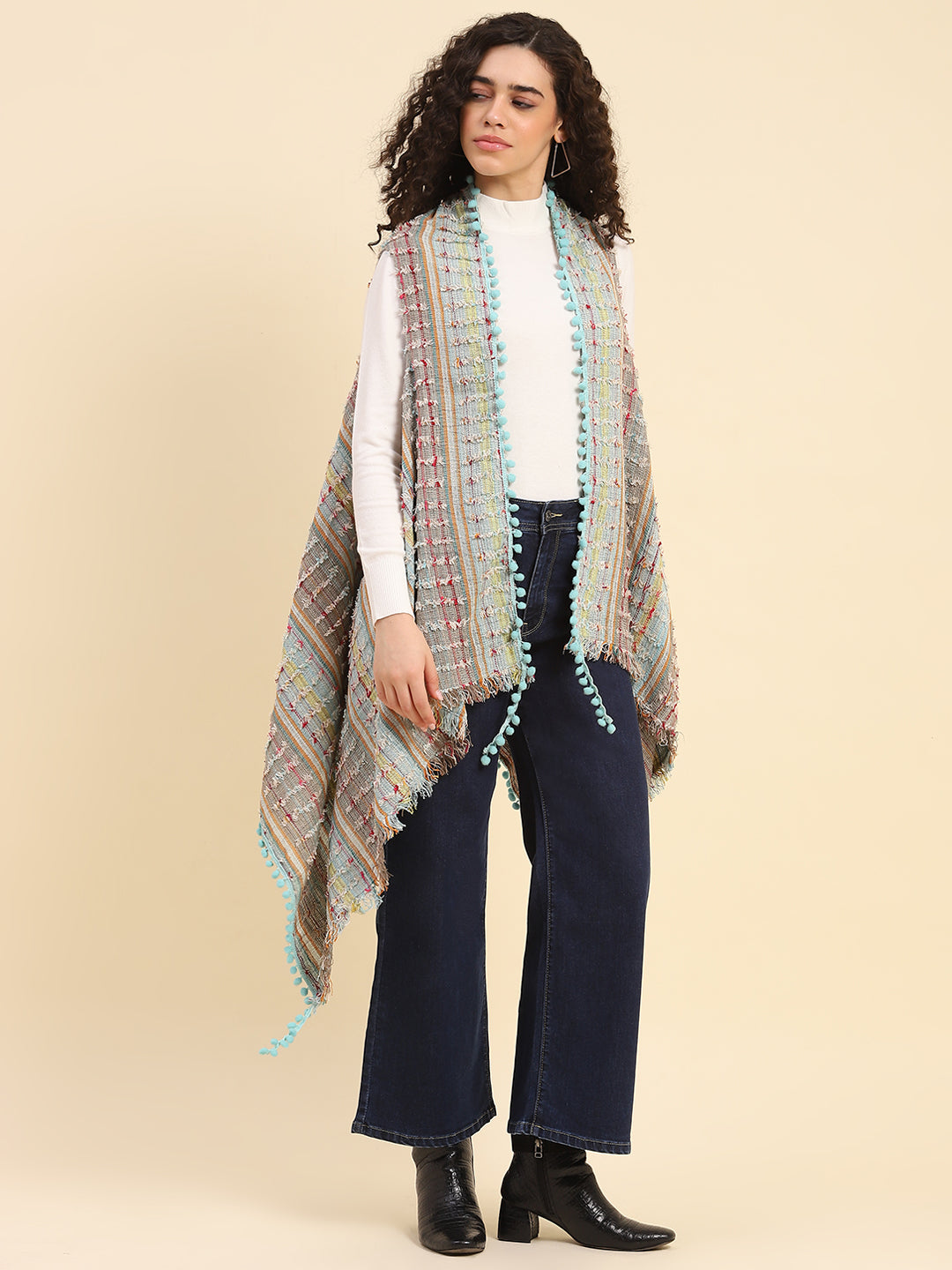 Aqua Pom Pom Fringe Cape