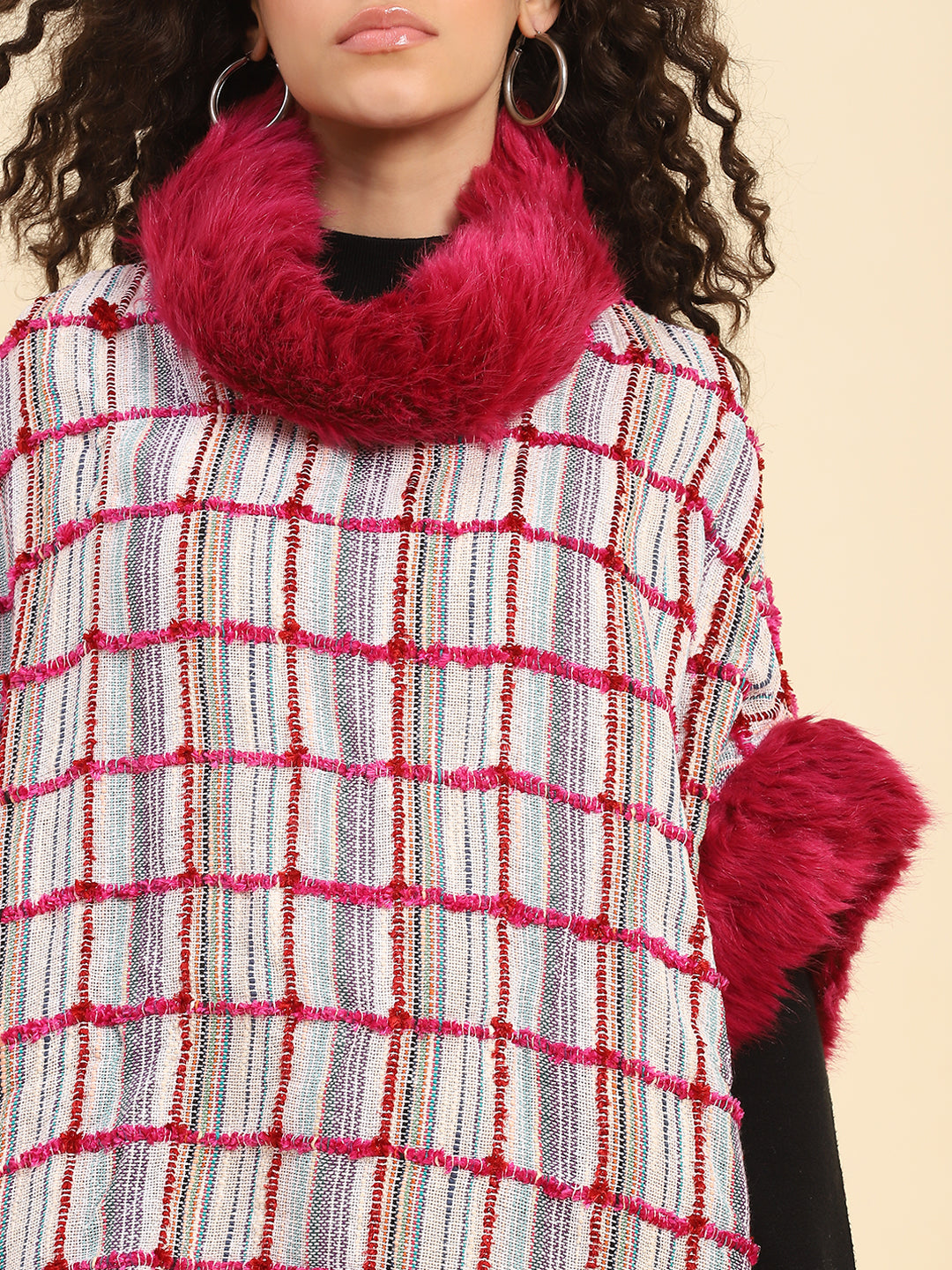 Pristine Checks Faux Fur Cape