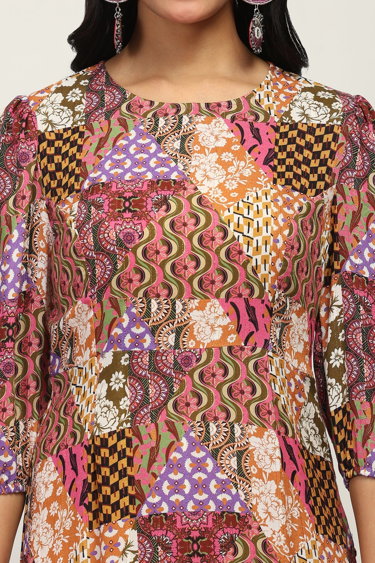The Mosaic Muse Women's Multicolor Printed Viscose Lurex Dobby Fit & Flare Dress