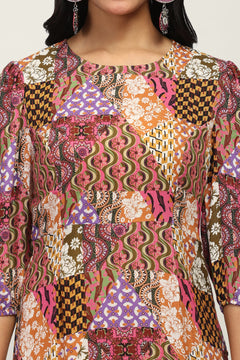 The Mosaic Muse Women's Multicolor Printed Viscose Lurex Dobby Fit & Flare Dress