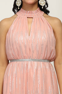 The Sunset Glow - Women's Flowy Soft Peach Halter Neck Evening Dress